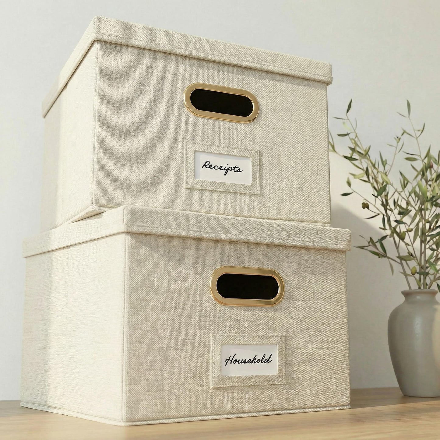 ZICOTO Decorative File Box Organizer Set of 2 - Collapsible Linen File Cabinet for Easy Folder Storage - Store All Your Documents and Folders in Style