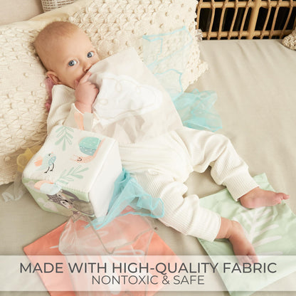 Fun Baby Tissue Box with Stimulating Mirror For Endless Entertainment - Soft Montessori Toy w/ Crinkle Paper & Fabric Tissues - The Perfect Sensory Toy For Newborn/Infant Development From 6-12+ Months