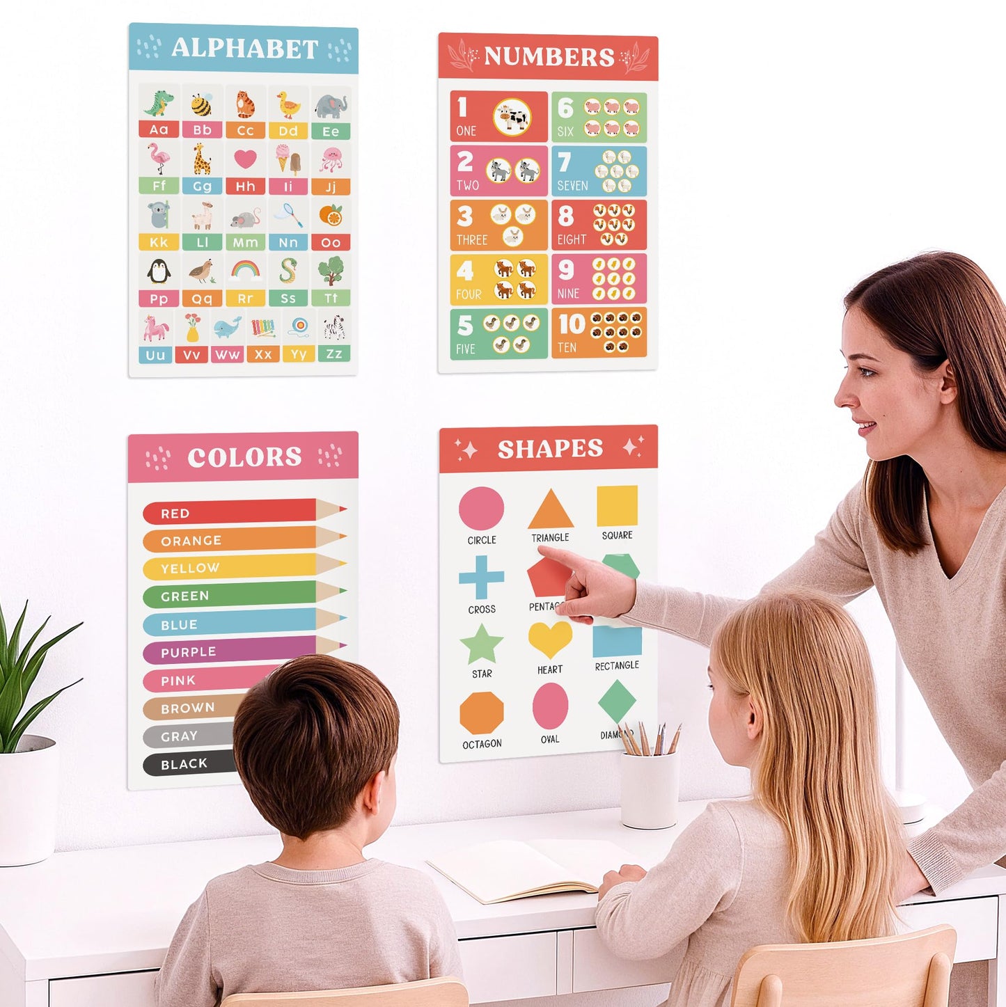 Fun Educational Posters for Toddlers 1-3 - Set of 16 Easy to Read Learning Posters for Classroom & Homeschool Decor - Essential Preschool/Kindergarten Kids Room Wall Charts incl. ABC & Number Chart