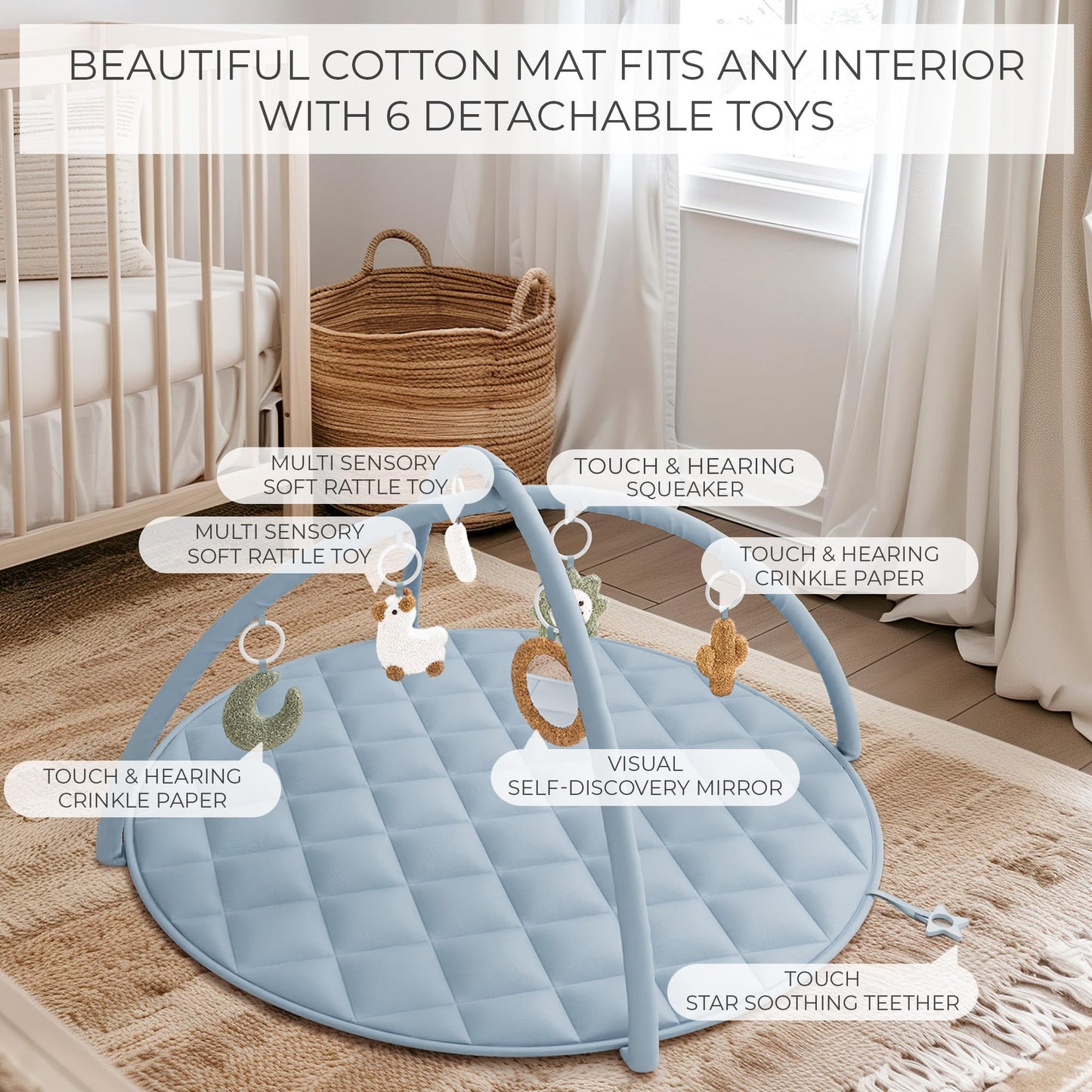 Beautiful Baby Play Gym and Tummy Time Mat - Soft Cotton Mat with 6 Cute Toys Creates The Perfect Activity Area for Your Girl/Boy - Stylish Infant Floor Playmat Fits Nicely with Any Playroom Decor