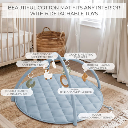 Beautiful Baby Play Gym and Tummy Time Mat - Soft Cotton Mat with 6 Cute Toys Creates The Perfect Activity Area for Your Girl/Boy - Stylish Infant Floor Playmat Fits Nicely with Any Playroom Decor