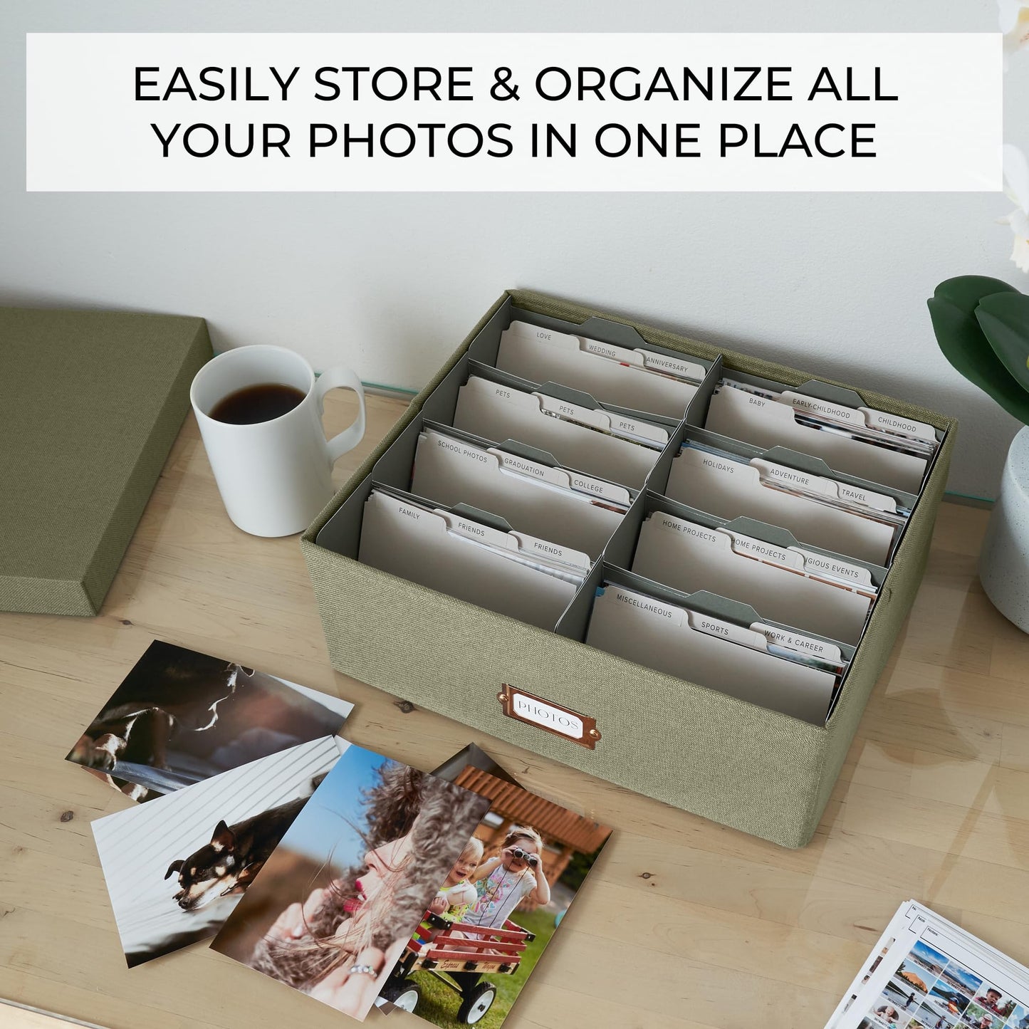 Decorative Photo Storage Box - Sturdy Linen Photo Organizer with Dividers - Stores Up to 850 4x6 Photos - Portable Scrapbook Storage Container with Lid
