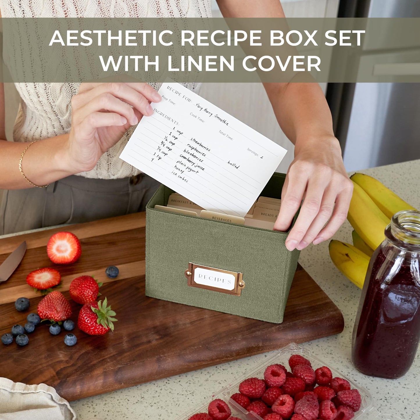 Beautiful Linen Recipe Box Set - Incl. 50x 4x6 inch Recipe Cards and Matching Dividers to Easily Organize Up to 250 Recipes - A Sturdy Card Holder And Great Gift that Perfectly Fits into Any Kitchen