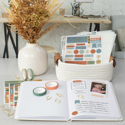 ZICOTO Ultimate All-in-One Journaling Kit - Incl. Journal Notebook With Linen Hardcover and Dotted Pages, Stencils, Stickers, Washi Tapes, Paper Clips and More Bullet Checklist Supplies