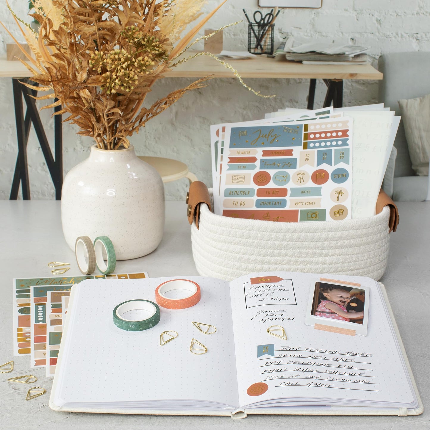 ZICOTO Ultimate All-in-One Journaling Kit - Incl. Journal Notebook With Linen Hardcover and Dotted Pages, Stencils, Stickers, Washi Tapes, Paper Clips and More Bullet Checklist Supplies