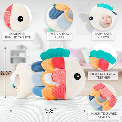 Soft Baby Sensory Toy with Tummy Time Mirror - Entertaining Fish Toy for Infants 0-6, 3-6, 6-12 Months with Rattle & Crinkle Paper - Perfect Montessori for Baby Showers & as Newborn/Infant Gift