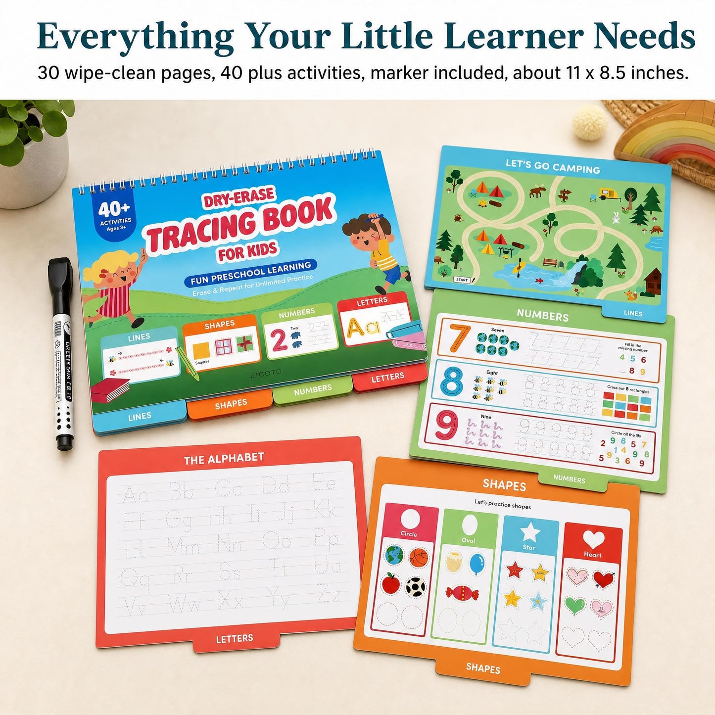 Fun Preschool Workbooks for Kids Age 3-5 - Reusable Dry Erase Tracing Books for Toddlers Ages 3-4 w Dry Erase Marker - 40+ Activities of ABC Letter, Number & Writing Practice for Preschool Learning