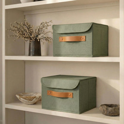 ZICOTO Beautiful Storage Bin with Lid – Foldable Cotton-Linen Fabric Box with PU Leather Handles, Decorative Closet Organizer Cube Reinforced with PP Board