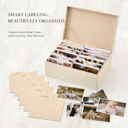 ZICOTO Decorative Photo Storage Box - Sturdy Linen Photo Organizer with Dividers is Perfect to Store Up to 1200 Pictures and 4x6 Photos - Portable Scrapbook Storage Containers with Lid