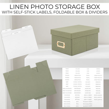 Decorative Photo Storage Box - Sturdy Linen Photo Organizer with Dividers - Stores Up to 850 4x6 Photos - Portable Scrapbook Storage Container with Lid