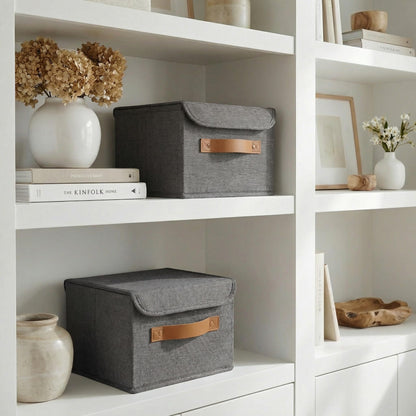 ZICOTO Beautiful Storage Bin with Lid – Foldable Cotton-Linen Fabric Box with PU Leather Handles, Decorative Closet Organizer Cube Reinforced with PP Board