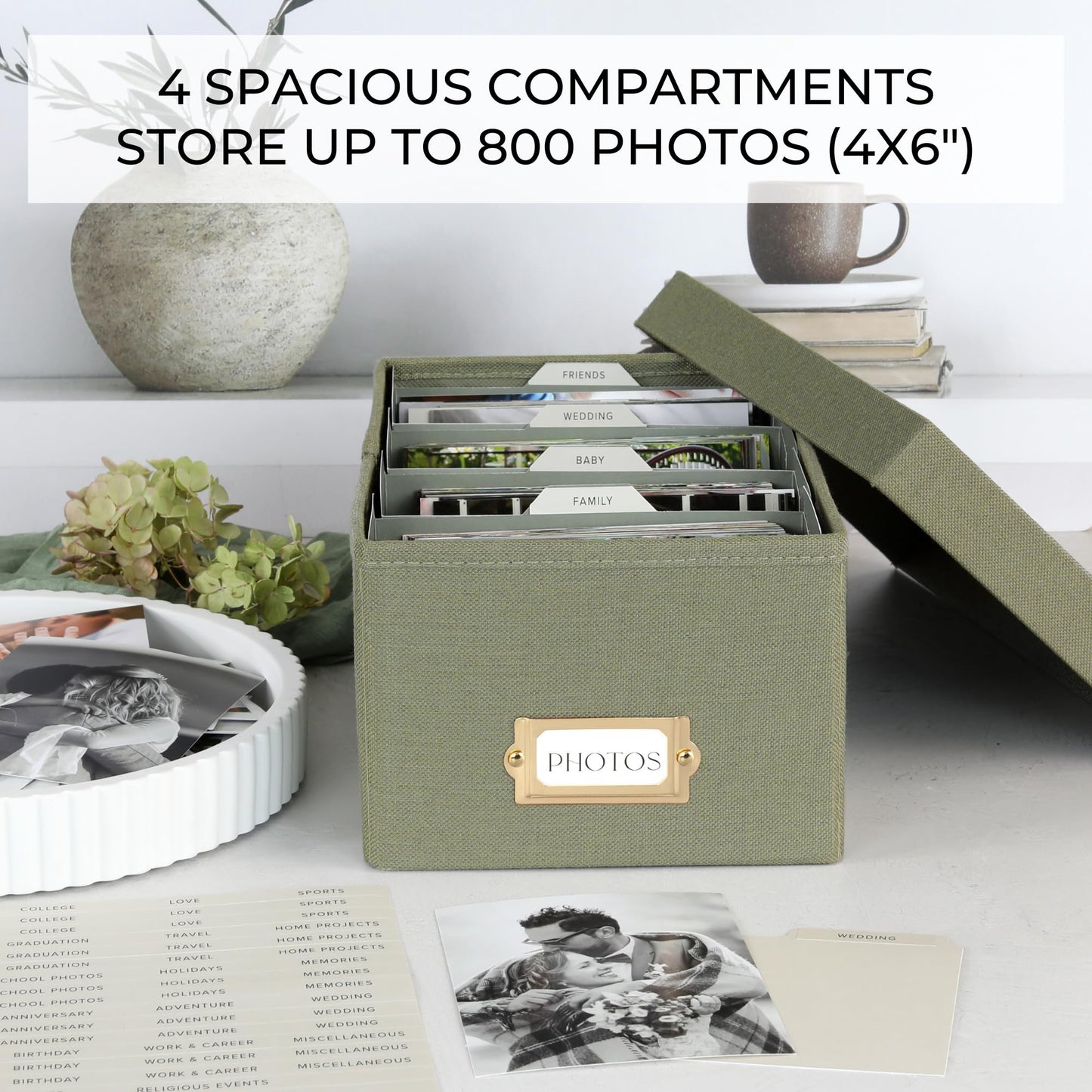 Decorative Photo Storage Box - Sturdy Linen Photo Organizer with Dividers - Stores Up to 850 4x6 Photos - Portable Scrapbook Storage Container with Lid