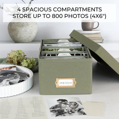 Decorative Photo Storage Box - Sturdy Linen Photo Organizer with Dividers - Stores Up to 850 4x6 Photos - Portable Scrapbook Storage Container with Lid