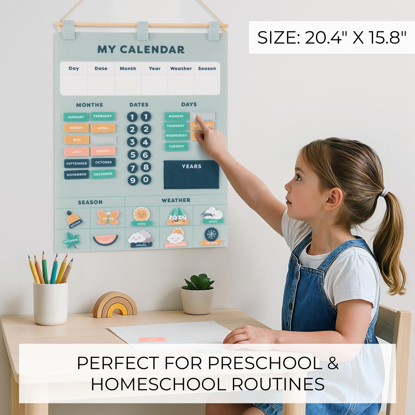 Beautiful Toddler and Kids Calendar - Perfect Homeschool Supplies With Months, Days of the Week, Season and Weather - Cute Play Room Decor Essentials for Preschool Learning & Organization