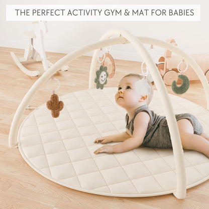 Beautiful Baby Play Gym and Tummy Time Mat - Soft Cotton Mat with 6 Cute Toys Creates The Perfect Activity Area for Your Girl/Boy - Stylish Infant Floor Playmat Fits Nicely with Any Playroom Decor