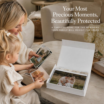 Decorative Photo Storage Box Set of 5 for 4x6 Pictures - Sturdy Photo Album Organizer Boxes with Dividers and Pre-Printed Labels to Keep Your Pictures Beautifully Organized on Your Home Decor Shelf