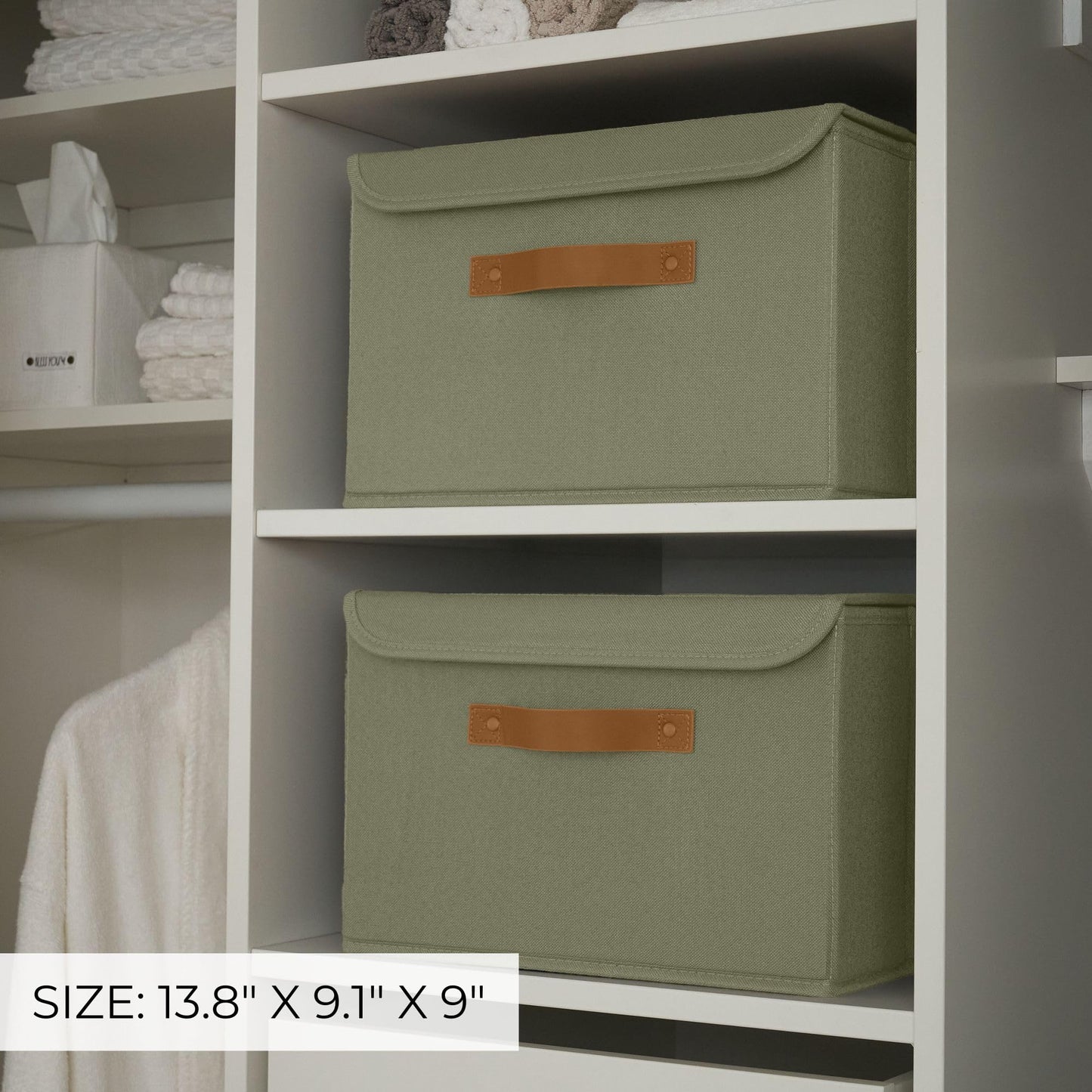 ZICOTO Beautiful Storage Bin with Lid – Foldable Cotton-Linen Fabric Box with PU Leather Handles, Decorative Closet Organizer Cube Reinforced with PP Board