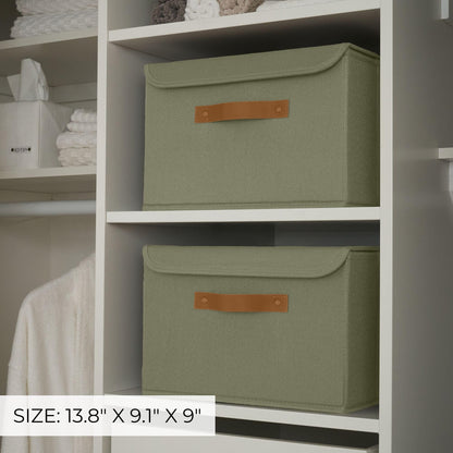 ZICOTO Beautiful Storage Bin with Lid – Foldable Cotton-Linen Fabric Box with PU Leather Handles, Decorative Closet Organizer Cube Reinforced with PP Board
