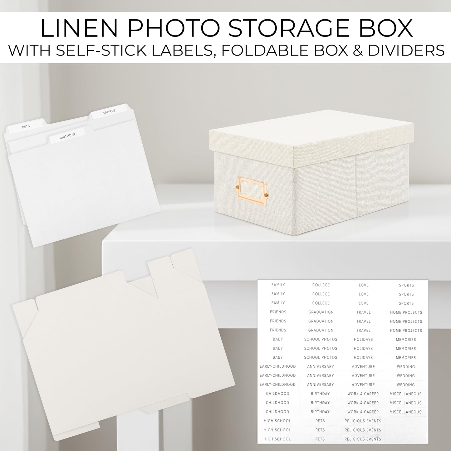 Decorative Photo Storage Box - Sturdy Linen Photo Organizer with Dividers - Stores Up to 850 4x6 Photos - Portable Scrapbook Storage Container with Lid