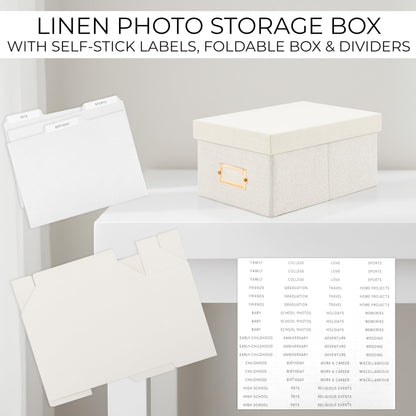 Decorative Photo Storage Box - Sturdy Linen Photo Organizer with Dividers - Stores Up to 850 4x6 Photos - Portable Scrapbook Storage Container with Lid