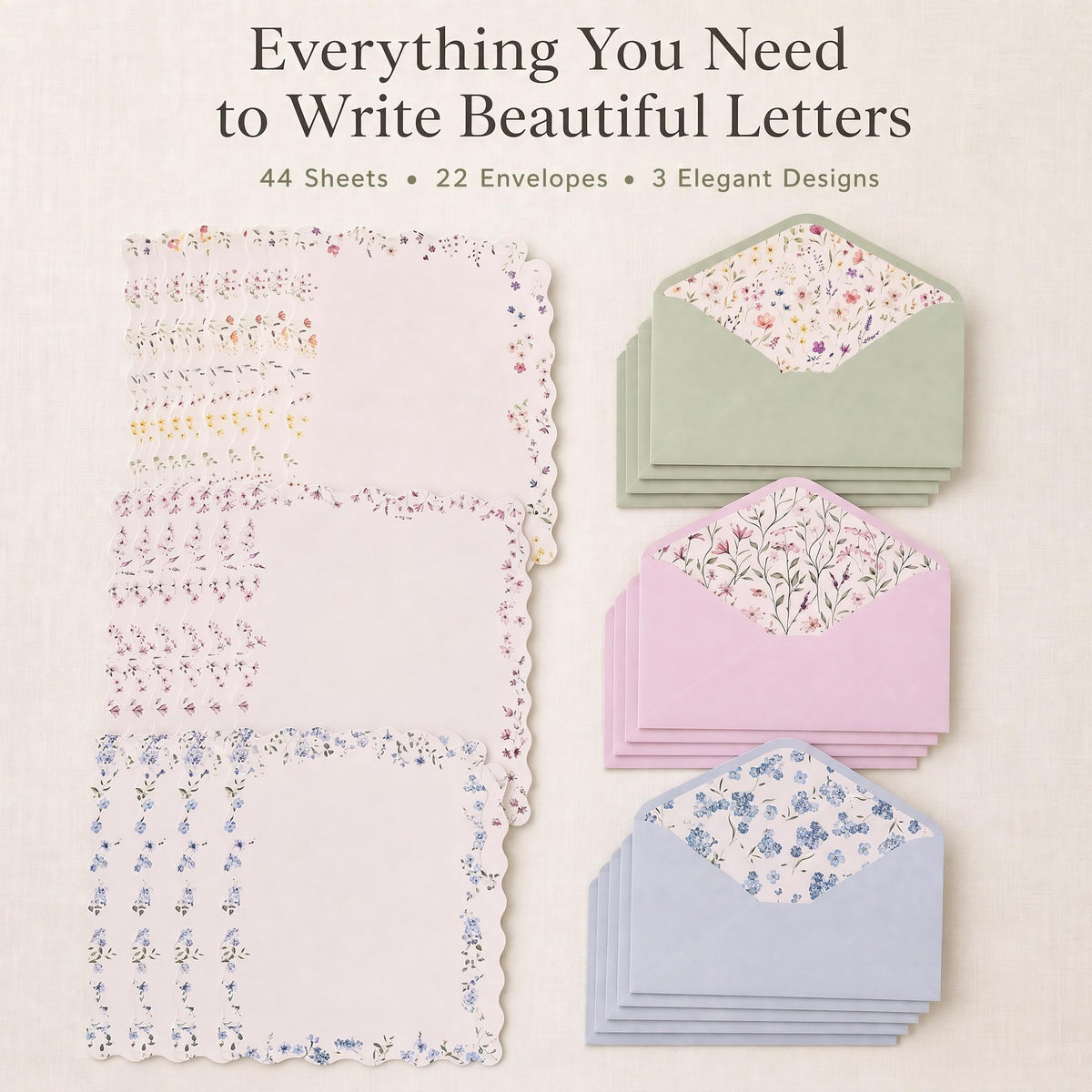 Beautiful Stationery Set with Envelopes - Scalloped Letter Writing Paper