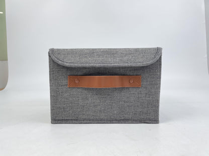 ZICOTO Beautiful Storage Bin with Lid - Foldable Cotton-Linen Fabric Box with PU Leather Handles, Decorative Closet Organizer Cube Reinforced with PP Board - Beige, Small