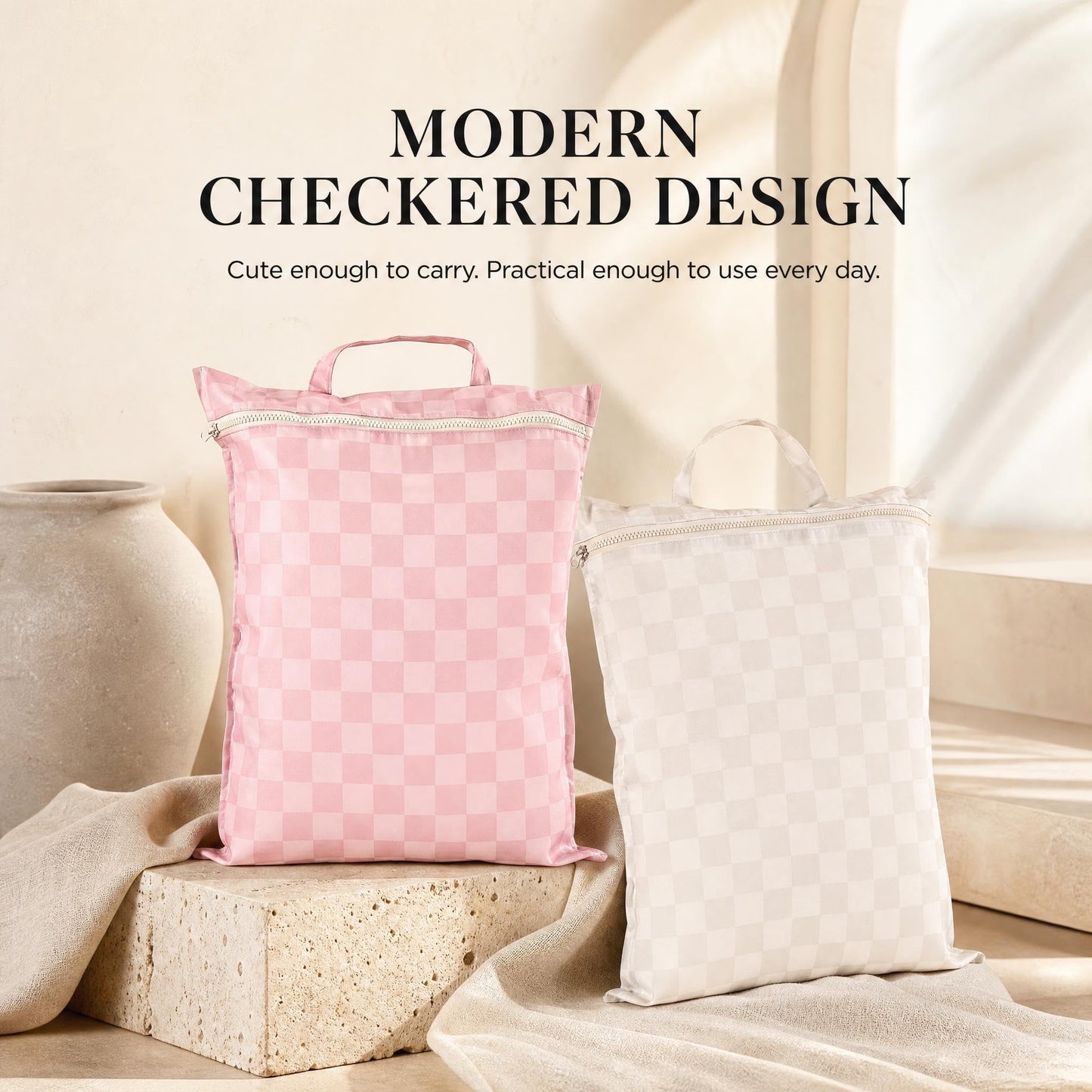 ZICOTO Stylish Travel Laundry Bags for Women - Set of 2 Waterproof Wet Bags, Ideal for Dirty Clothes, Wet Swimsuits and More - Charming Checkered Wet Dry Bag with Zipper and Handle for Beach and Pool