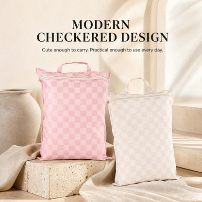 ZICOTO Stylish Travel Laundry Bags for Women - Set of 2 Waterproof Wet Bags, Ideal for Dirty Clothes, Wet Swimsuits and More - Charming Checkered Wet Dry Bag with Zipper and Handle for Beach and Pool