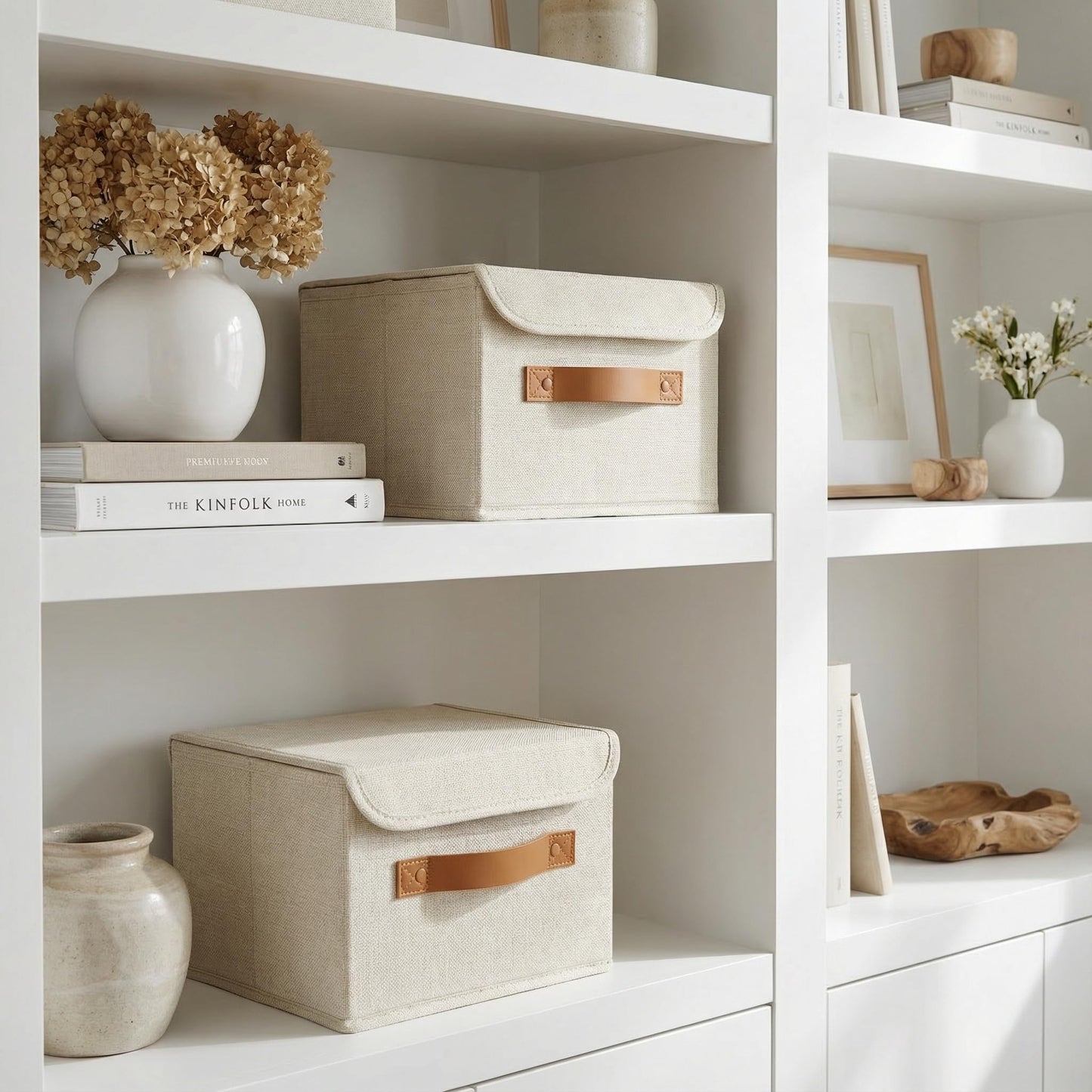 ZICOTO Beautiful Storage Bin with Lid – Foldable Cotton-Linen Fabric Box with PU Leather Handles, Decorative Closet Organizer Cube Reinforced with PP Board