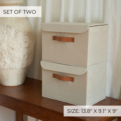ZICOTO Beautiful Storage Bin with Lid – Foldable Cotton-Linen Fabric Box with PU Leather Handles, Decorative Closet Organizer Cube Reinforced with PP Board