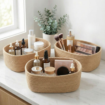 Beautiful Storage Basket Set of 3 - Sturdy Cotton Rope Baskets for Shelves Are Perfect for Organizing Your Home - Quality Storage Bins Easily Fit With Any Nursery or Bedroom Decor