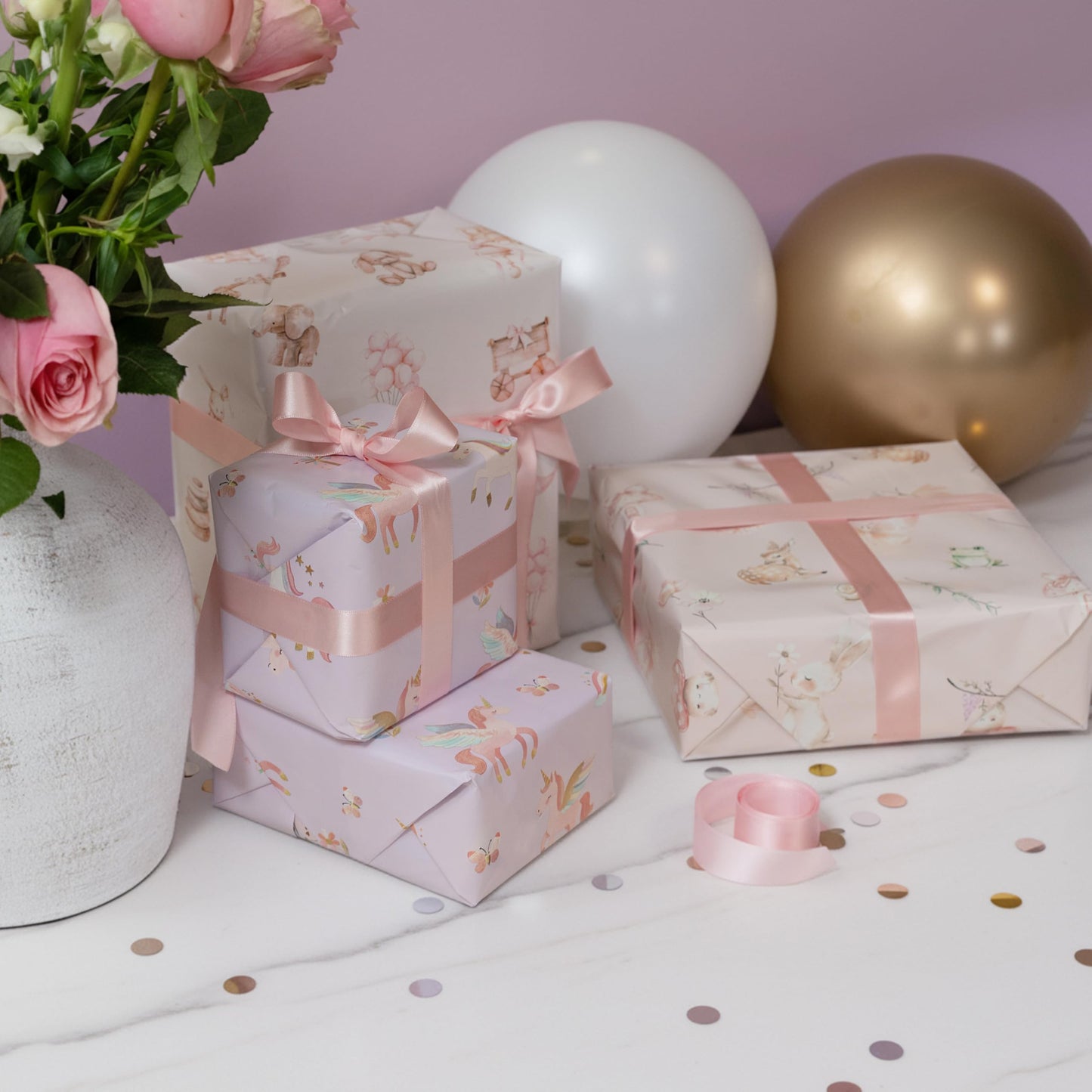 ZICOTO Beautiful Gift Wrapping Paper Rolls for Baby Shower - Cute Set of 3 Quality Rolls For Girls Birthdays & Baby Showers - Add a Touch of Magic to Every Gift You Wrap - 17 x 120 in