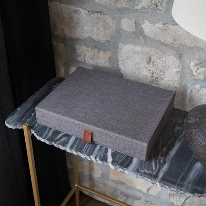 ZICOTO Decorative Photo Storage Box with Lid - A Beautiful Linen Organizer Perfect to Safely Store Your Pictures, Documents, Scrapbooking Supplies, Keepsakes and Other Memories in Style