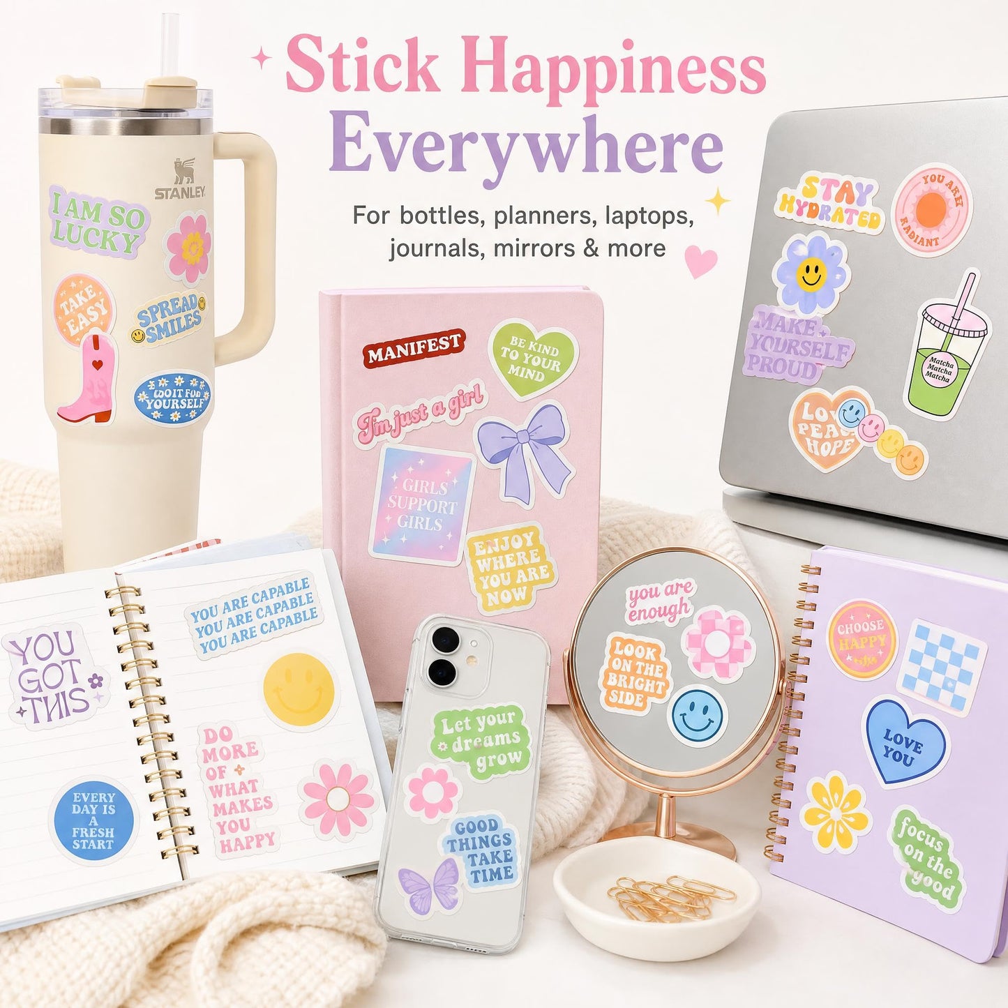 Motivational Sticker Set of 300 - Cute Inspirational Vinyl Stickers for Your Water Bottle, Laptop Or Journal - Positive Affirmation Decals for Adults, Teens and Kids Giving Daily Smiles and Motivation
