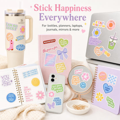 Motivational Sticker Set of 300 - Cute Inspirational Vinyl Stickers for Your Water Bottle, Laptop Or Journal - Positive Affirmation Decals for Adults, Teens and Kids Giving Daily Smiles and Motivation