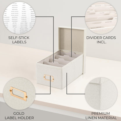 ZICOTO Decorative Photo Storage Box - Sturdy Linen Photo Organizer with Dividers is Perfect to Store Up to 850 Pictures and 4x6 Photos - Portable Scrapbook Storage Containers with Lid