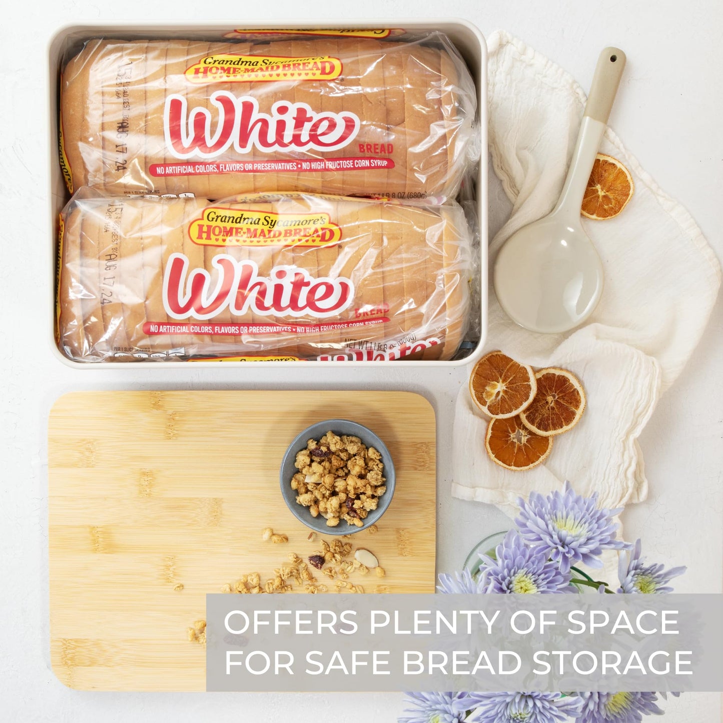 ZICOTO Beautiful Bread Box With Wooden Lid For Your Kitchen Countertop - Spacious Container Perfectly Stores Your Homemade Bread, English Muffins & Bagels - Quality Cutting Board Lid Keeps Loaf Fresh