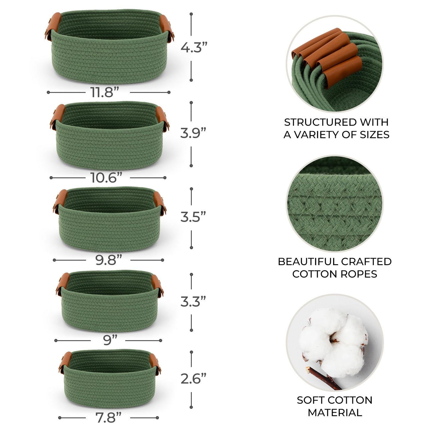 Beautiful Storage Basket Set of 5 - Sturdy Cotton Rope Baskets for Shelves Are Perfect for Organizing Your Home - Quality Storage Bins Easily Fit With Any Nursery or Bedroom Decor