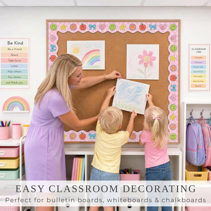 Beautiful Scalloped Bulletin Board Borders for Classroom Decor - 60 Smiley Face Strips for Up to 3 Boards 4x6 ft, Durable Decoration and Teacher Must Haves for a Warm Welcoming Classroom