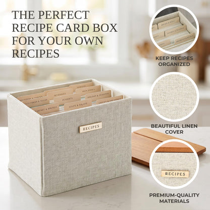 Beautiful Recipe Box with Wooden Lid - Incl. 50x 4x6" Recipe Cards and Matching Dividers to Easily Organize Up to 250 Recipes - A Sturdy Card Holder And Great Gift that Perfectly Fits into Any Kitchen
