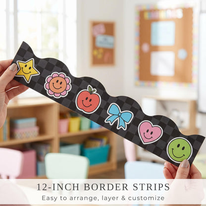 Beautiful Scalloped Bulletin Board Borders for Classroom Decor - 60 Smiley Face Strips for Up to 3 Boards 4x6 ft, Durable Decoration and Teacher Must Haves for a Warm Welcoming Classroom