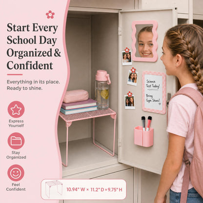 Stylish Locker Accessories Kit - Includes Shelf, Mirror, Whiteboard, Pen Holder, Cute Flower Magnets & Marker Set - All-in-One School Locker Decor & Organizer Set to Brighten Up Your School Day