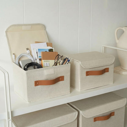 ZICOTO Beautiful Storage Bin with Lid – Foldable Cotton-Linen Fabric Box with PU Leather Handles, Decorative Closet Organizer Cube Reinforced with PP Board