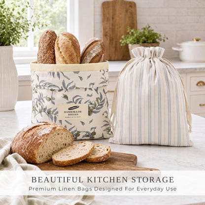 ZICOTO Charming Bread Bags for Homemade Bread - Set of 2 Beeswax-Lined Reusable Linen Bags That Keep Your Sourdough Fresh Naturally - A Thoughtful Bread Storage Gift for Bread Making Lovers
