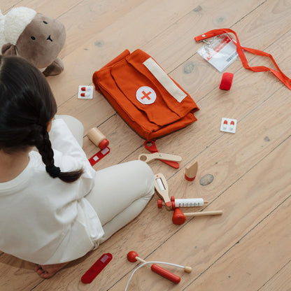 Wooden Doctor Play Set for Toddlers - A Complete Durable Pretend Play Medical Kit for Kids 3-5 with Realistic, Non-Toxic Tools & Carrying Case (Red)