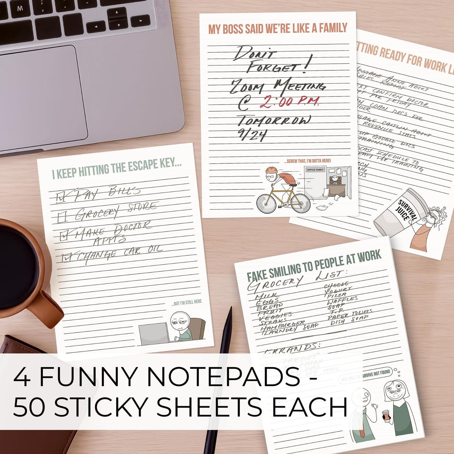 ZICOTO Super Funny Notepads - Hilarious Office Gift for Your Women Coworkers - Set of 4 Office Supplies Memo Pads w/ 4 Assorted Designs, 50 Sheets Each, 4.25" x 5.5"