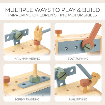 Stylish Wooden Tool Set for Toddlers - Durable Montessori Tool Box Kit with Hammer for Boys & Girls 2-5 Years - Fun Christmas Toy Gift for Kids with 30+ Safe Tools for Creative Play