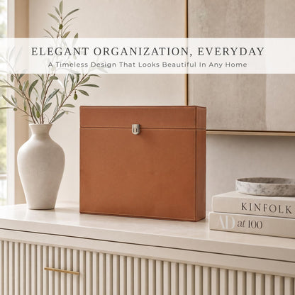 Document Organizer Box with 8 Folders - PU Leather File Organizer