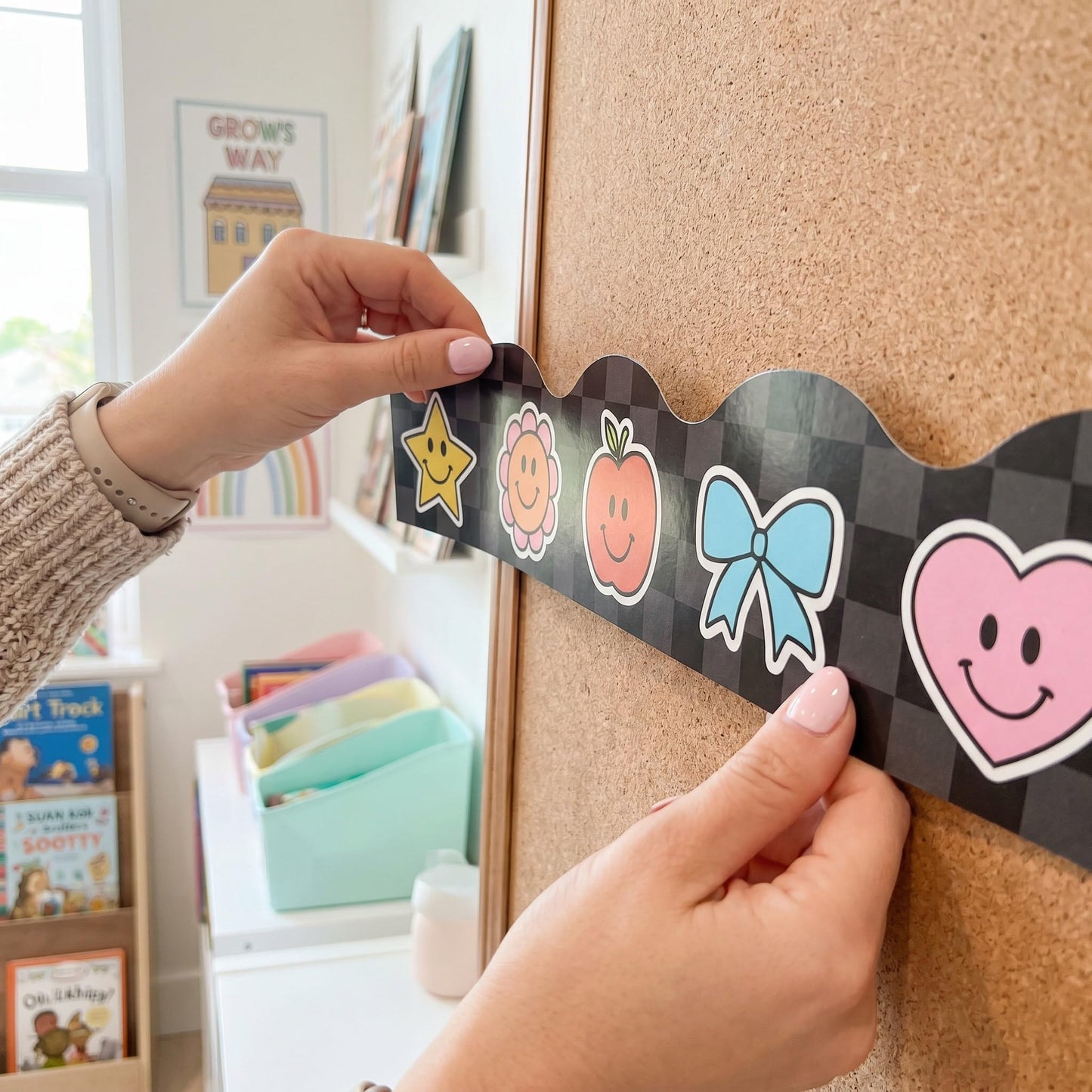Beautiful Scalloped Bulletin Board Borders for Classroom Decor - 60 Smiley Face Strips for Up to 3 Boards 4x6 ft, Durable Decoration and Teacher Must Haves for a Warm Welcoming Classroom