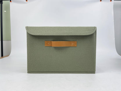 ZICOTO Beautiful Storage Bin with Lid - Foldable Cotton-Linen Fabric Box with PU Leather Handles, Decorative Closet Organizer Cube Reinforced with PP Board - Beige, Small